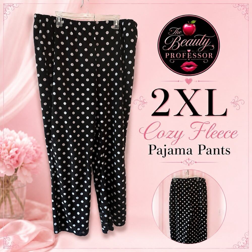 💞 Women's 2XL Black White Polka Dot Fleece Pajama Pants Cozy Lounge Bottoms